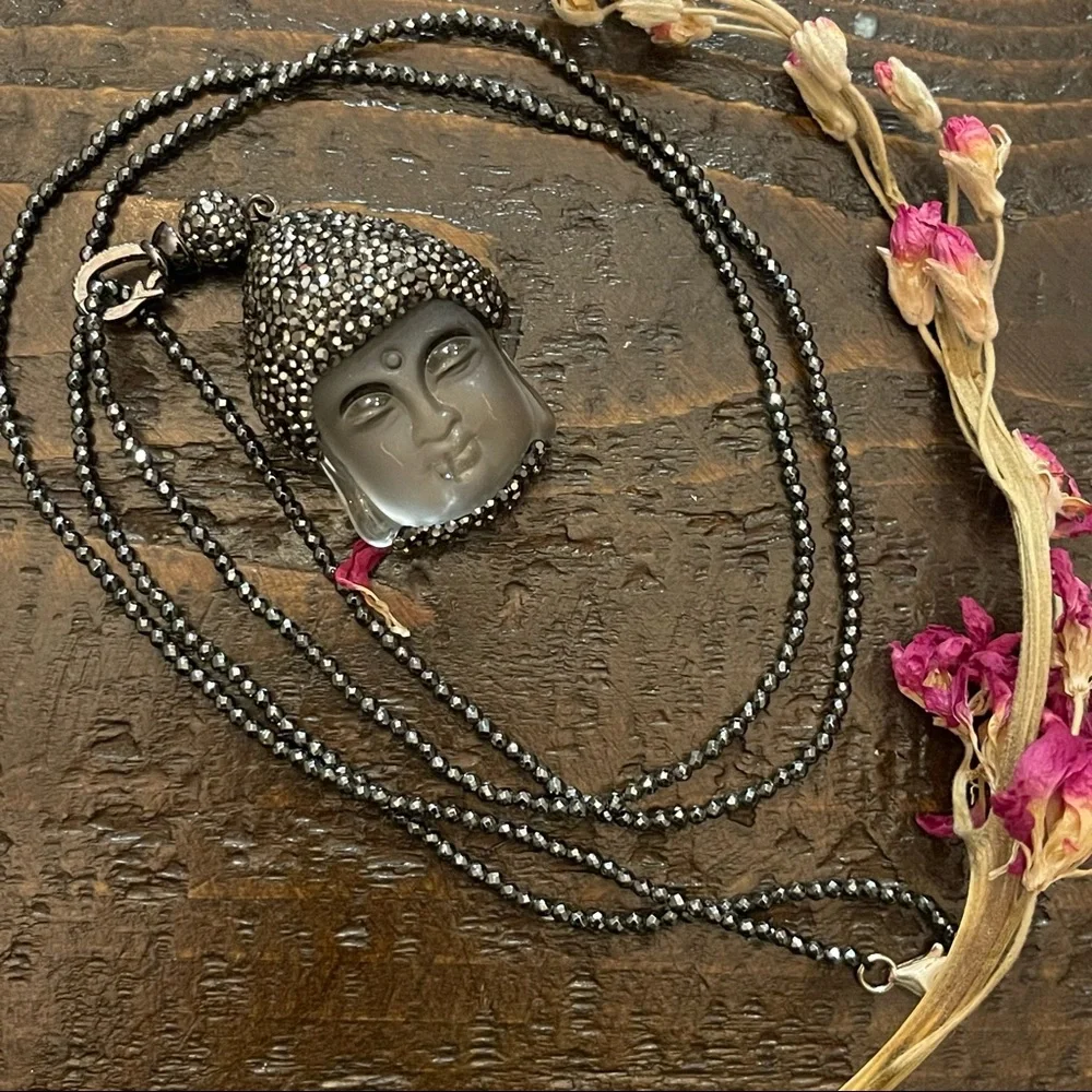 Glass Buddha pendant necklace with in pyrite/ Hematite beads. 32 inches long. - Picture 8 of 10